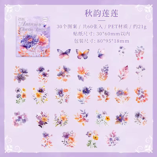 Autumn charm Lotus Floral vintage Waterproof UV Resistant sticker ( 1 pack - 60 piece )