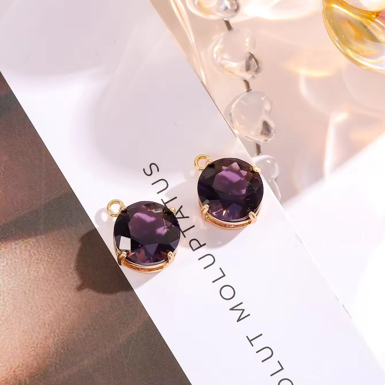 SS 2735 Deep Purple Big Round 14k gold plated Zircon crystal charm ( 1 pc ) Anti tarnish ( 13:16 mm )