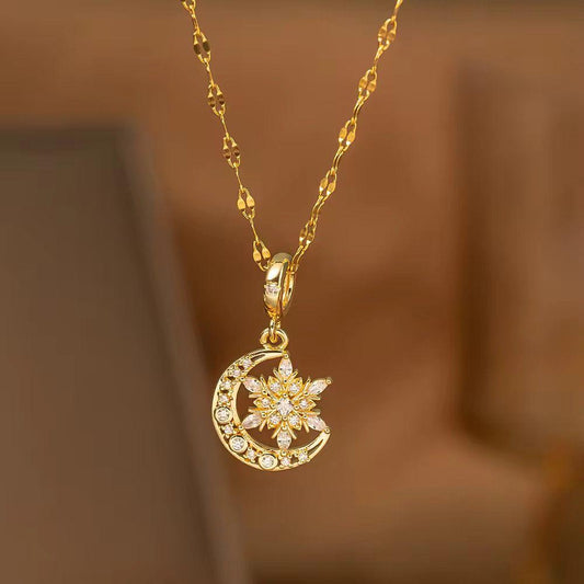 NSJ29A Zircon Moon &snow flakes Necklace - 18k Gold PVD plated