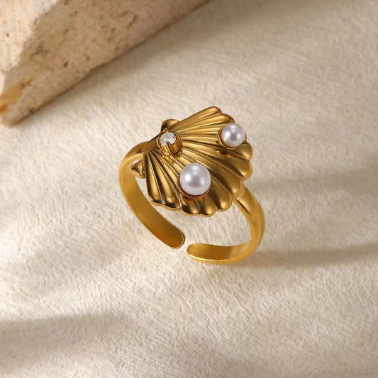SJ 657 Shell Pearly Zircon premium Ring Adjustable - 18k Gold PVD plated stainless steel - Anti tarnish