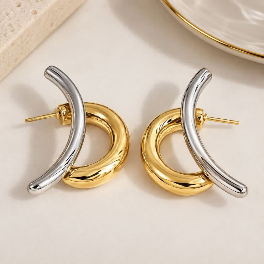 ESJ31B Duo Curve Dual Earrings 18k Gold PVD plated