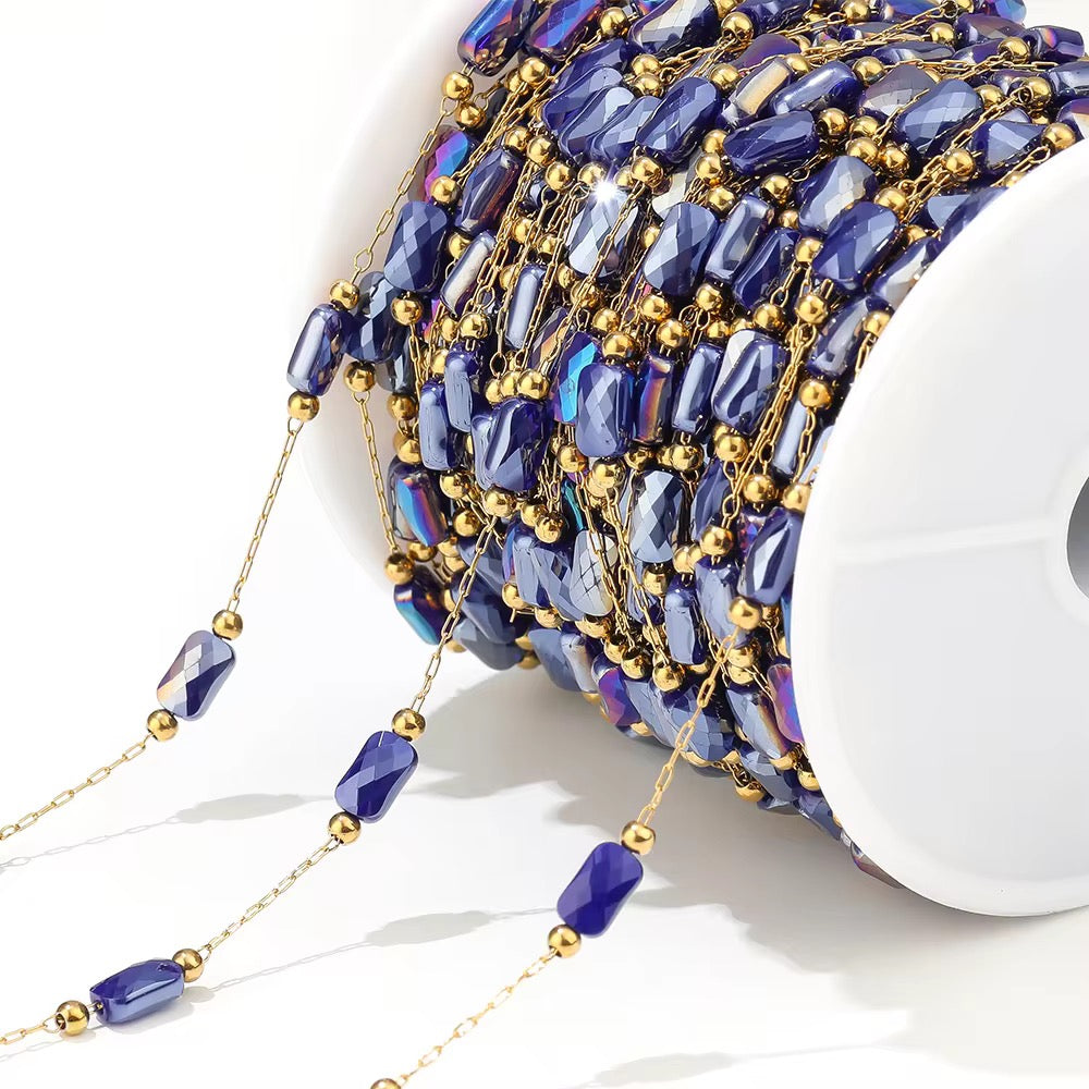 DIYS190 Dark Blue Pearly Grid Square Bead Chain ( 1 feet ) 18k Gold PVD