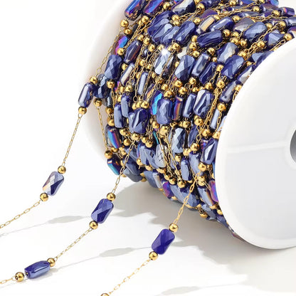 DIYS190 Dark Blue Pearly Grid Square Bead Chain ( 1 feet ) 18k Gold PVD