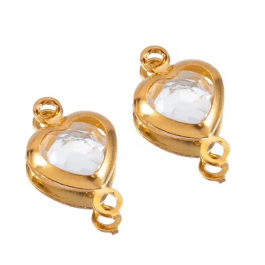 SS 2721 Clear Heart Zircon Double loop connector - 18k Gold plated 316 stainless steel ( 1 pc ) Anti tarnish ( 7.5 * 12 mm )