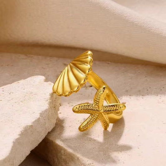 SS 254 Star shell ring adjustable- 18k gold plated stainless steel - Anti tarnish - Wholesale