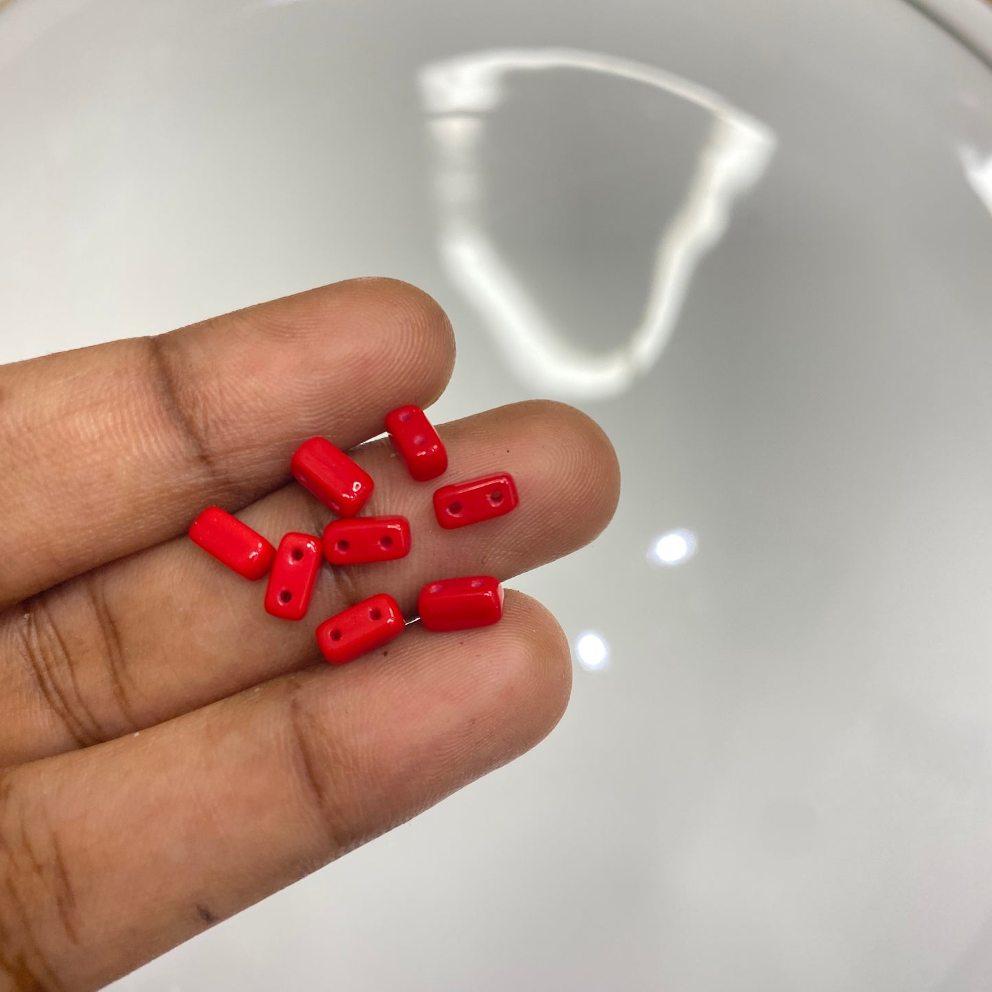 BBB 123 (A)  Czech Two Hole Pressed Glass Brick Beads Opaque Red Coral -(1PC)