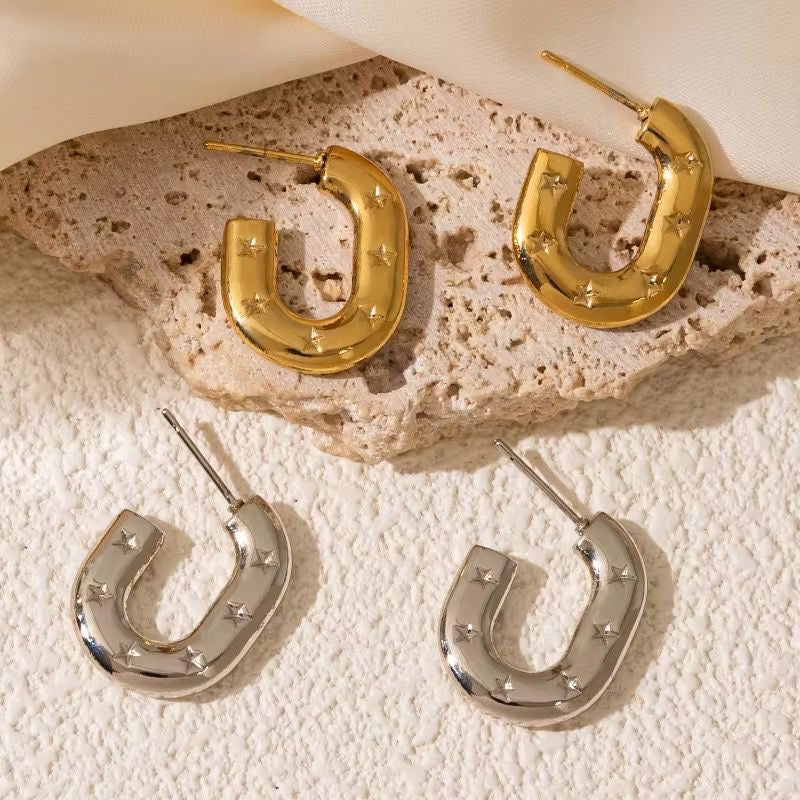 SJ 681 U Shape Star Engraved gold hoop Earring - 18k Gold PVD plated stainless steel - Anti tarnish