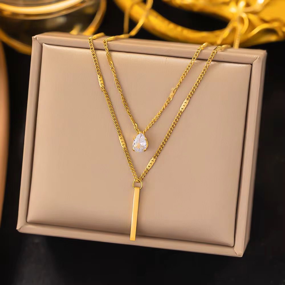 SJ 887 Teardrop Zircon double layer necklace - 18k Gold PVD plated stainless steel - Anti tarnish