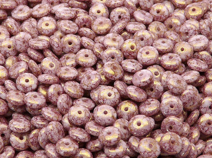 BBB 109 (A) Czech pressed Glass Rondelle Beads Opaque Chalk White violet Marable Terracotta Luster - (1PC)