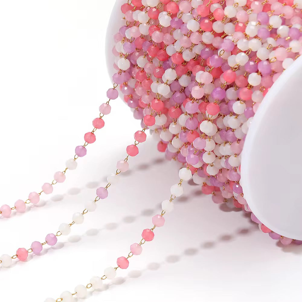 CN 72 Bright Pink Toned Stone Crystal link Chain 18k Gold Stainless steel( 1 feet ) Anti tarnish ( .8 * 2 mm )