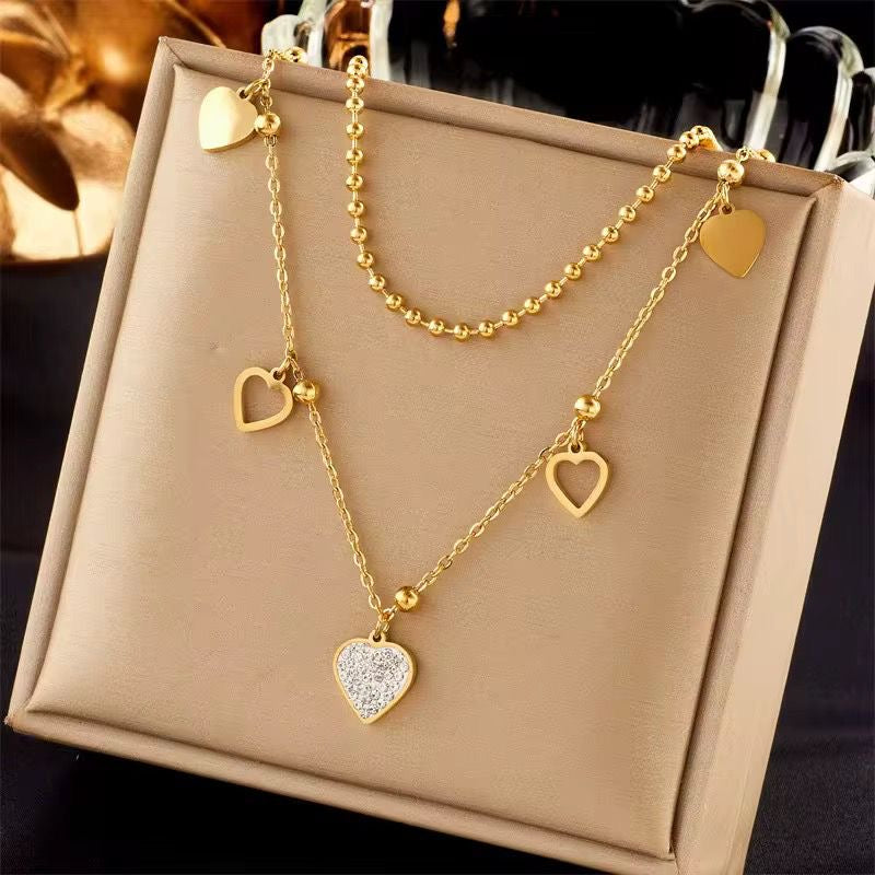 SJ 752 Zircon heart Double layer Necklace - 18k Gold PVD plated stainless steel - Anti tarnish