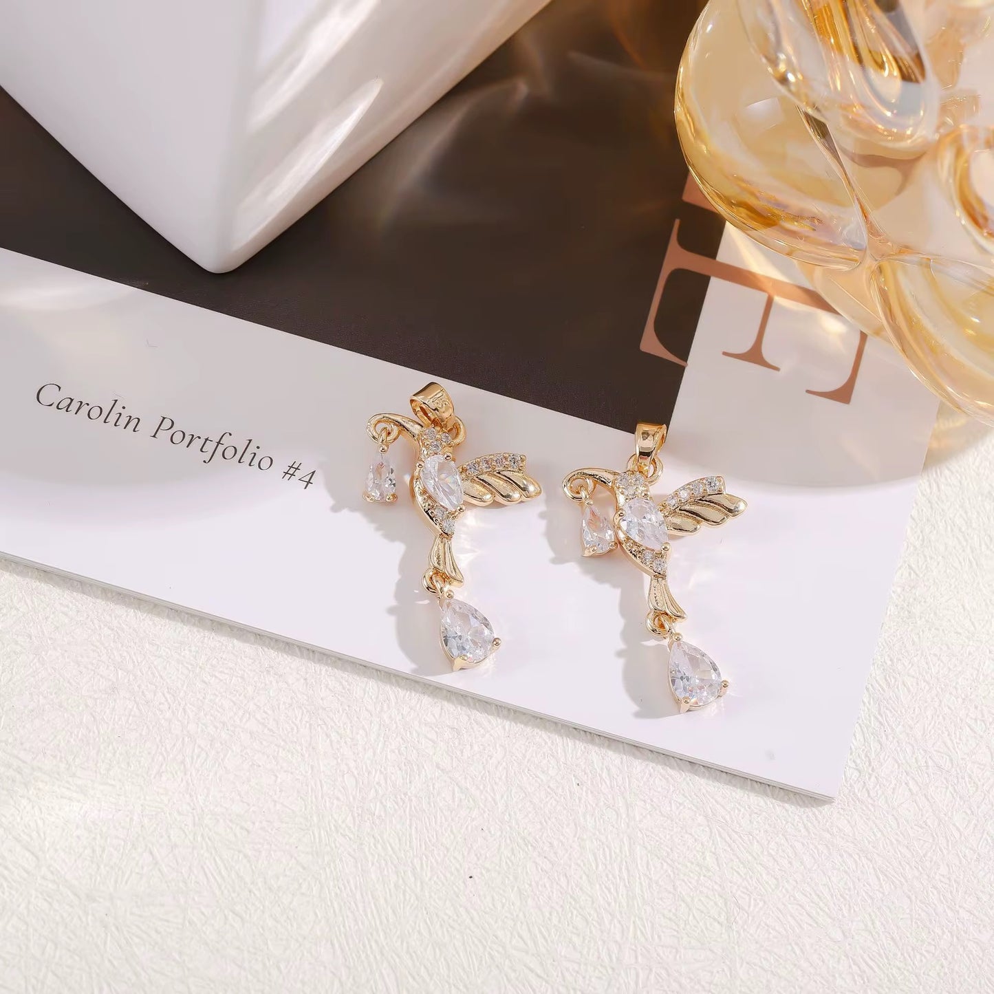 SS 1200 Bird Pendant 14k gold plated Zircon crystal charm ( 1 pc ) Anti tarnish ( 17:19 mm )