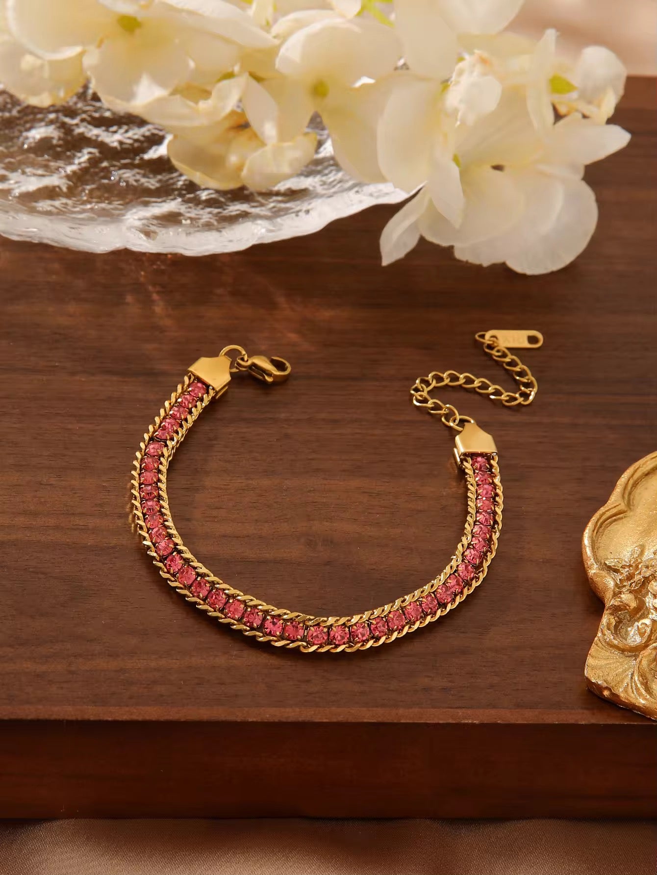 SJ 403 Pink Zircon Diamond chain bracelet - 18k Gold PVD plated stainless steel - Anti tarnish - Wholesale