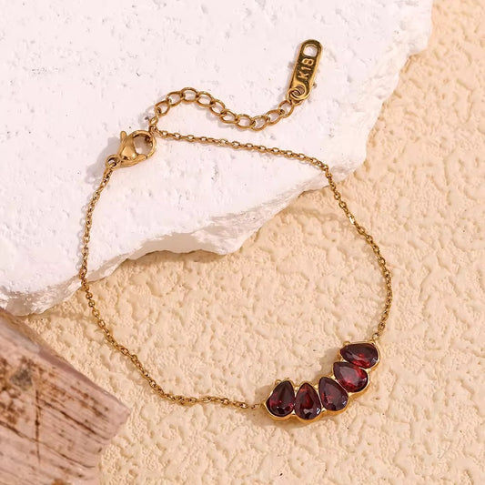 SJ 418 Vintage Red Water-drop Zircon Bracelet- Premium 18k Gold PVD plated stainless steel - Anti tarnish - Wholesale