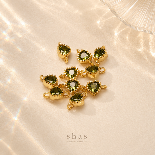 GPC05J1 Olive green Heart Zircon connector 14k gold plated ( 1 pc ) Anti tarnish