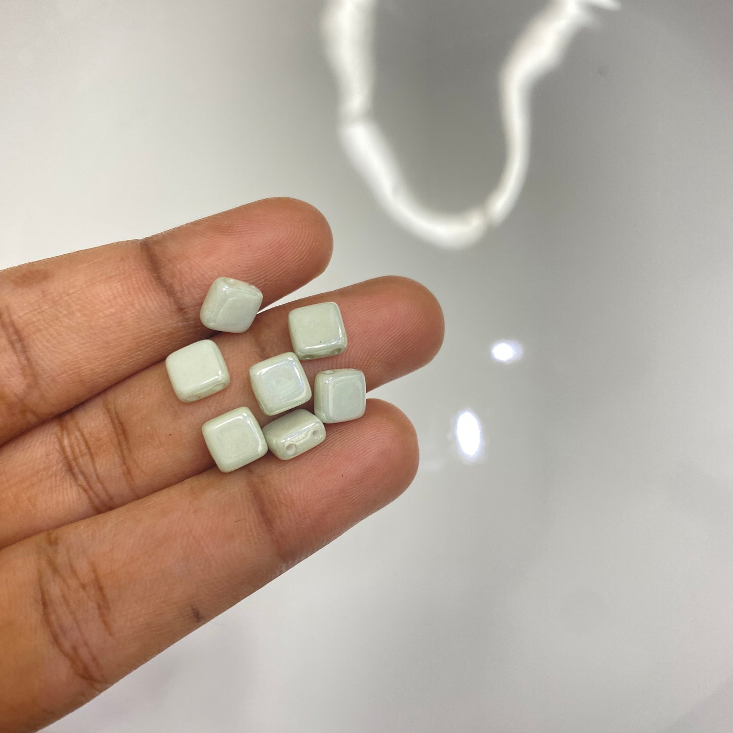 BBB 108 (C)  Two Hole Pressed Czech Mate Glass Tile Beads Opaque Light Green ceramic Look - per piece