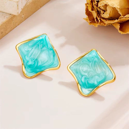 SJ 864 Blue Wavy Square stud - 18k Gold PVD plated stainless steel - Anti tarnish