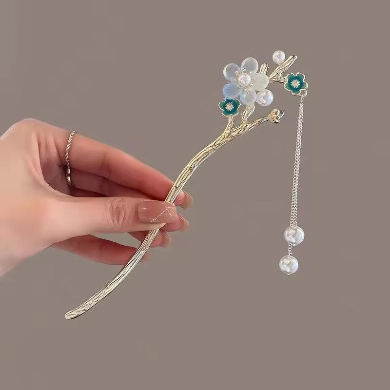 HA 22 Blue Floral Hair Stick with Dangling Tassel Drop - Retro korean Style ( 1 pc )