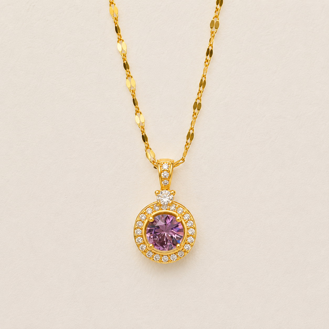 NSJ38F Purple Stone round Necklace Stainless steel chain and zircon Copper gold plated pendant