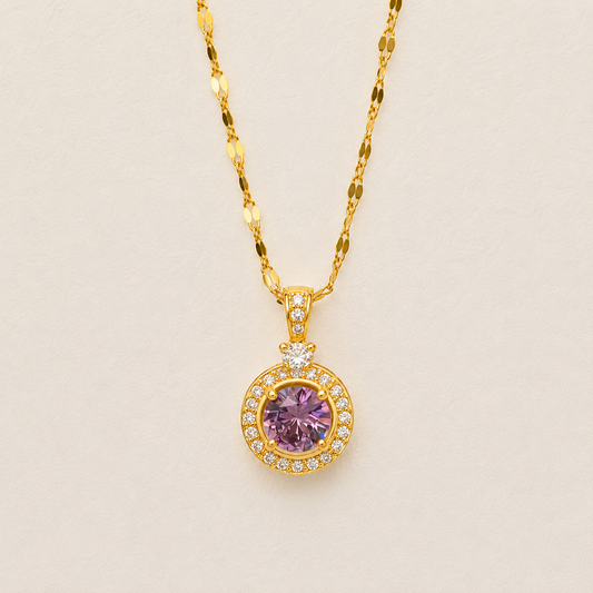 NSJ38F Purple Stone round Necklace Stainless steel chain and zircon Copper gold plated pendant