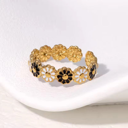 RSJ01A Black & White daisy adjustable Ring - 18k gold PVD plated 316 stainless steel - Anti tarnish