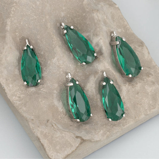 SS 494 Green zircon crystal teardrop silver plated charm- anti tarnish