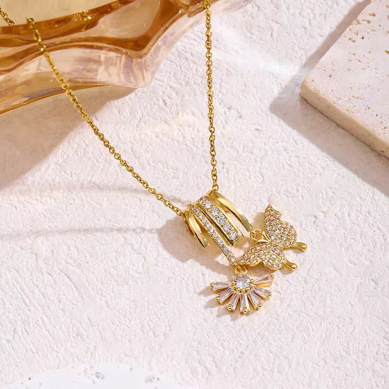 SJ 845 Modern French style charms luxury zircon Necklace - 18k Gold PVD plated stainless steel - Anti tarnish