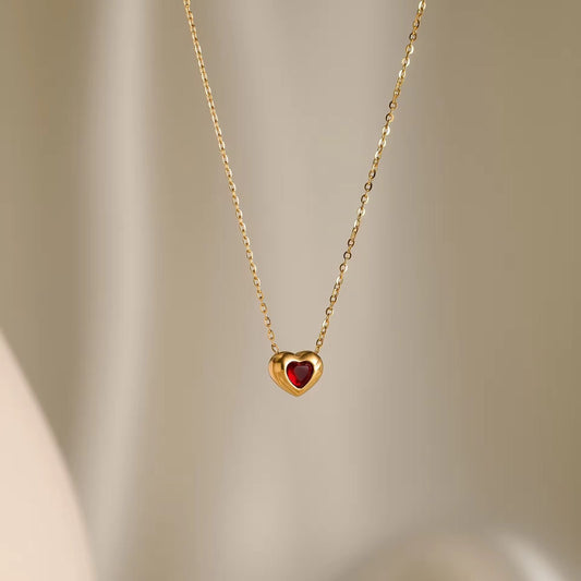 SJ 797 Dreamy Red Zircon Heart Dainty Necklace - 18k Gold PVD plated stainless steel - Anti tarnish