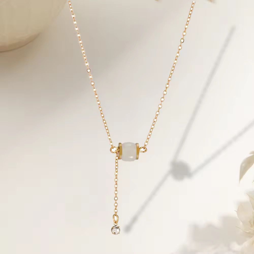 NSJ46C White Jade Barrel Drop Necklace 18k Gold PVD plated