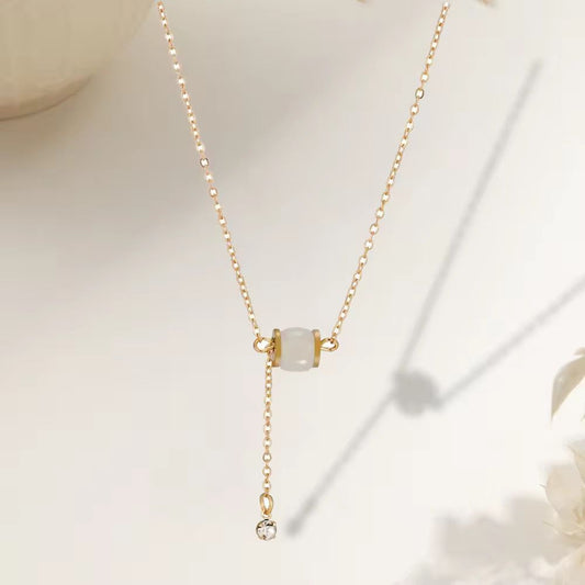 NSJ46C White Jade Barrel Drop Necklace 18k Gold PVD plated