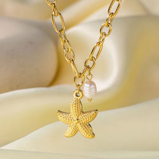 NSJ26A Star and pearl Necklace - 18k Gold PVD plated 316 stainless steel - Anti tarnish