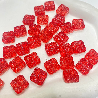 GB 2143 Red Engraved square glass bead ( 1 pc )