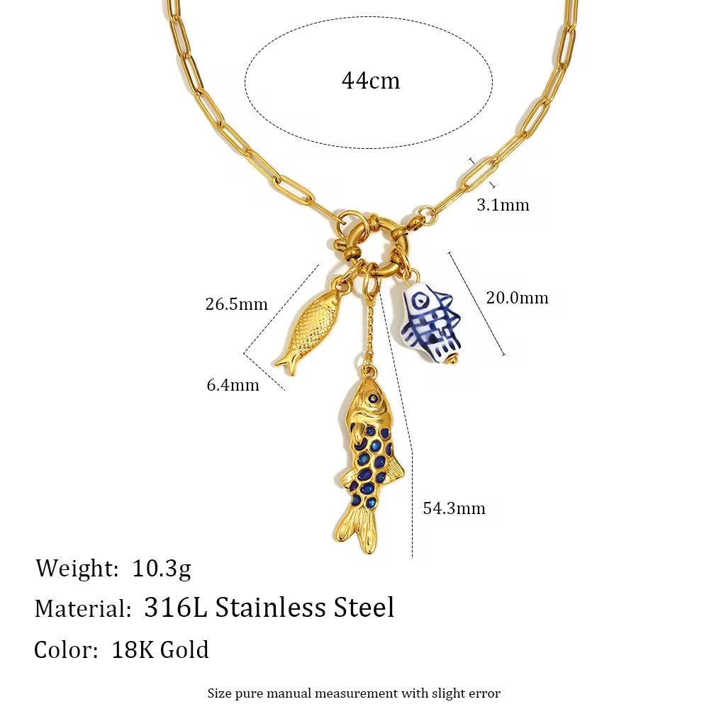 SJ 979 Fish Pendant charms paper clip Modern Necklace - Premium jewellery- 18k Gold PVD plated stainless steel - Anti tarnish