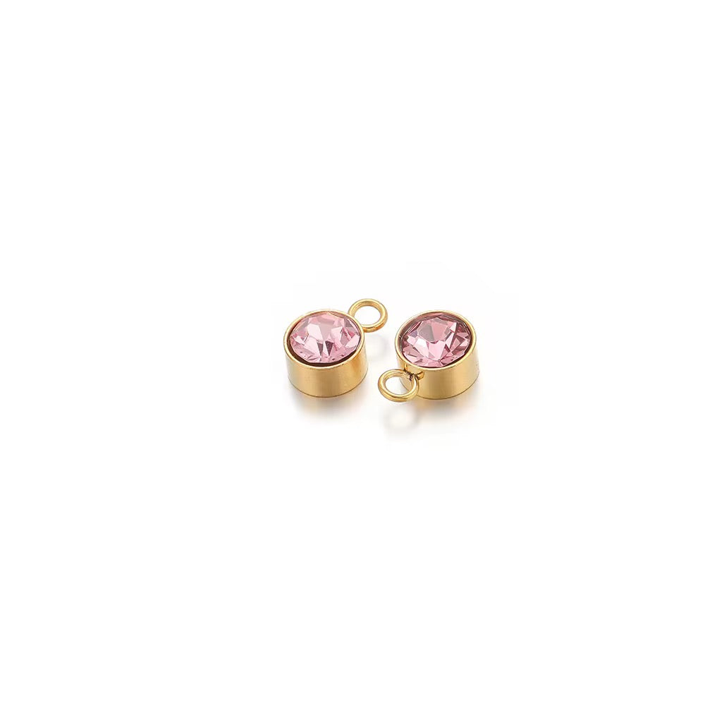 BBB 287 (f) Light Pink Zircon Round Charm 18k Gold PVD plated 316 stainless steel ( 1 pc ) Anti tarnish ( 8 mm )