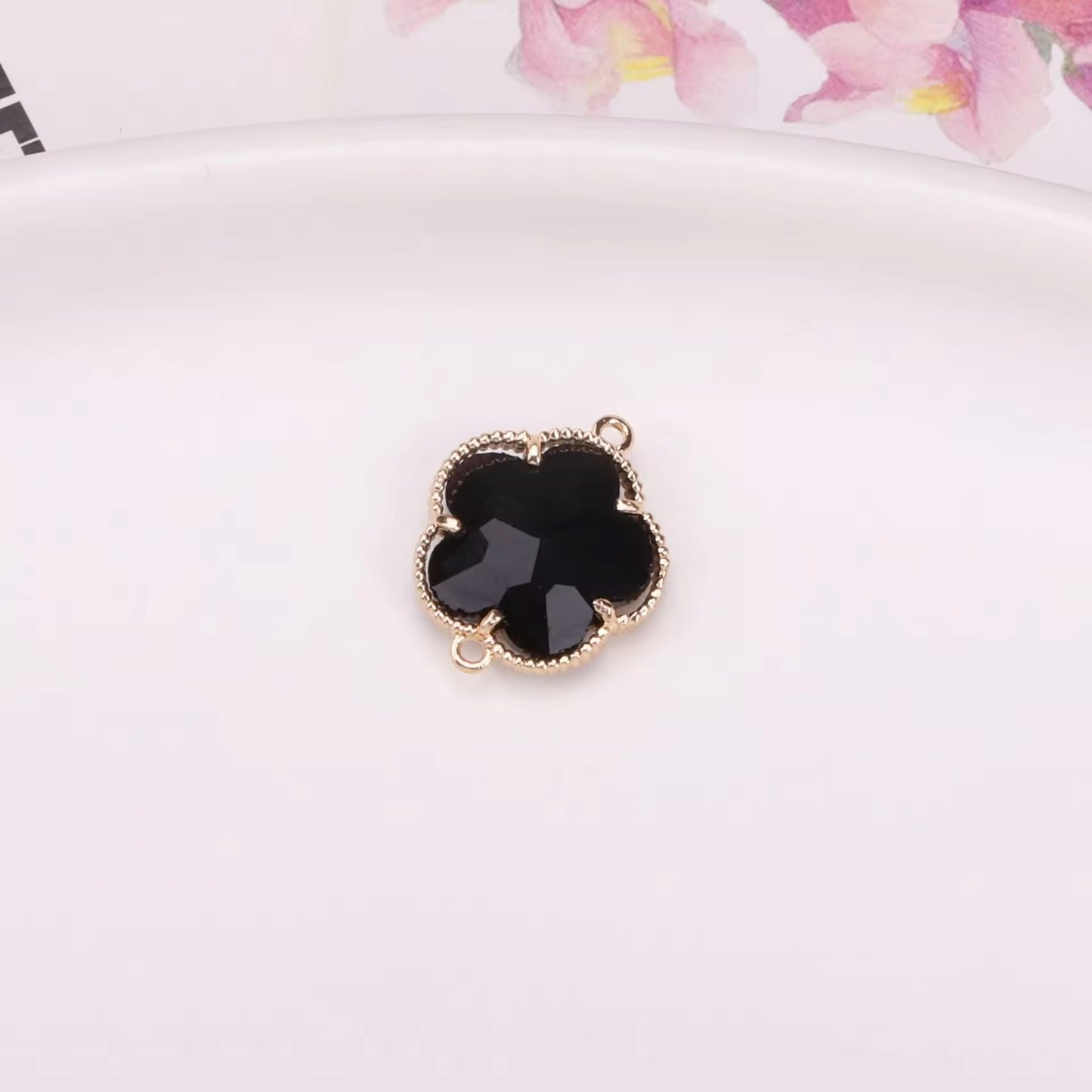 BBB 207 (b) Black Plum Blossom 14k gold plated Zircon Crystal Connector ( 1 pc ) Anti tarnish ( 11:7 mm )
