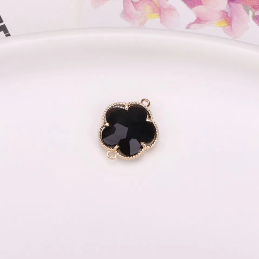 BBB 207 (b) Black Plum Blossom 14k gold plated Zircon Crystal Connector ( 1 pc ) Anti tarnish ( 11:7 mm )