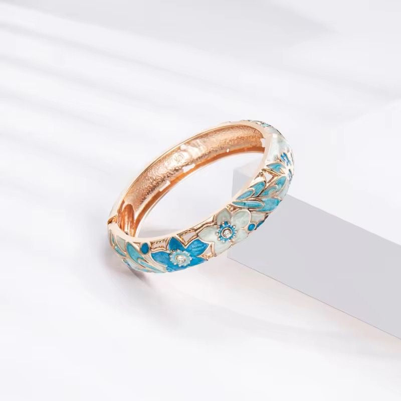 GP 08 Blue colourful Floral 10mm Cuff Bracelet 14k gold plated  - Anti tarnish