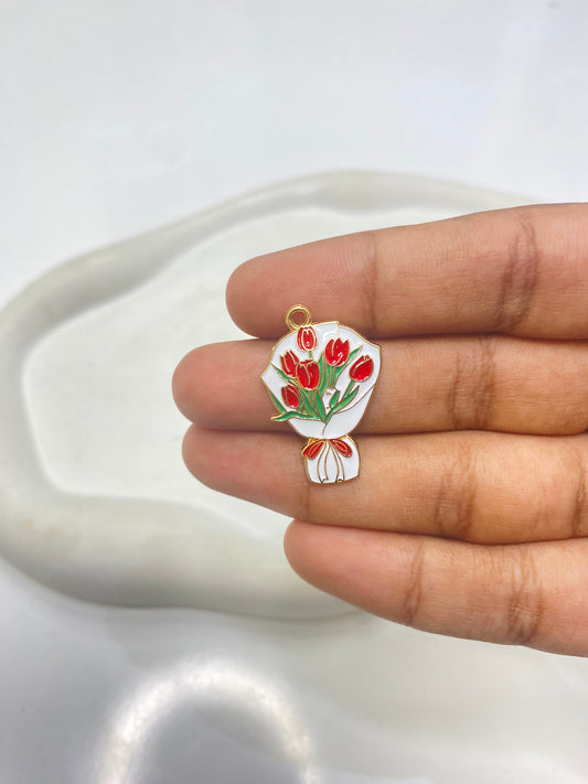 SS 2661 Red Rose Bouquet Enamel Charm ( 1 pc ) tarnish resistant