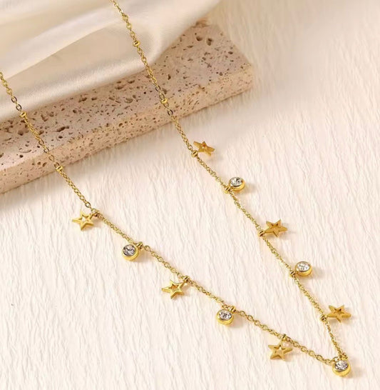 SJ 1055 Star Clear Zircon dainty Necklace - 18k Gold PVD plated stainless steel - Anti tarnish