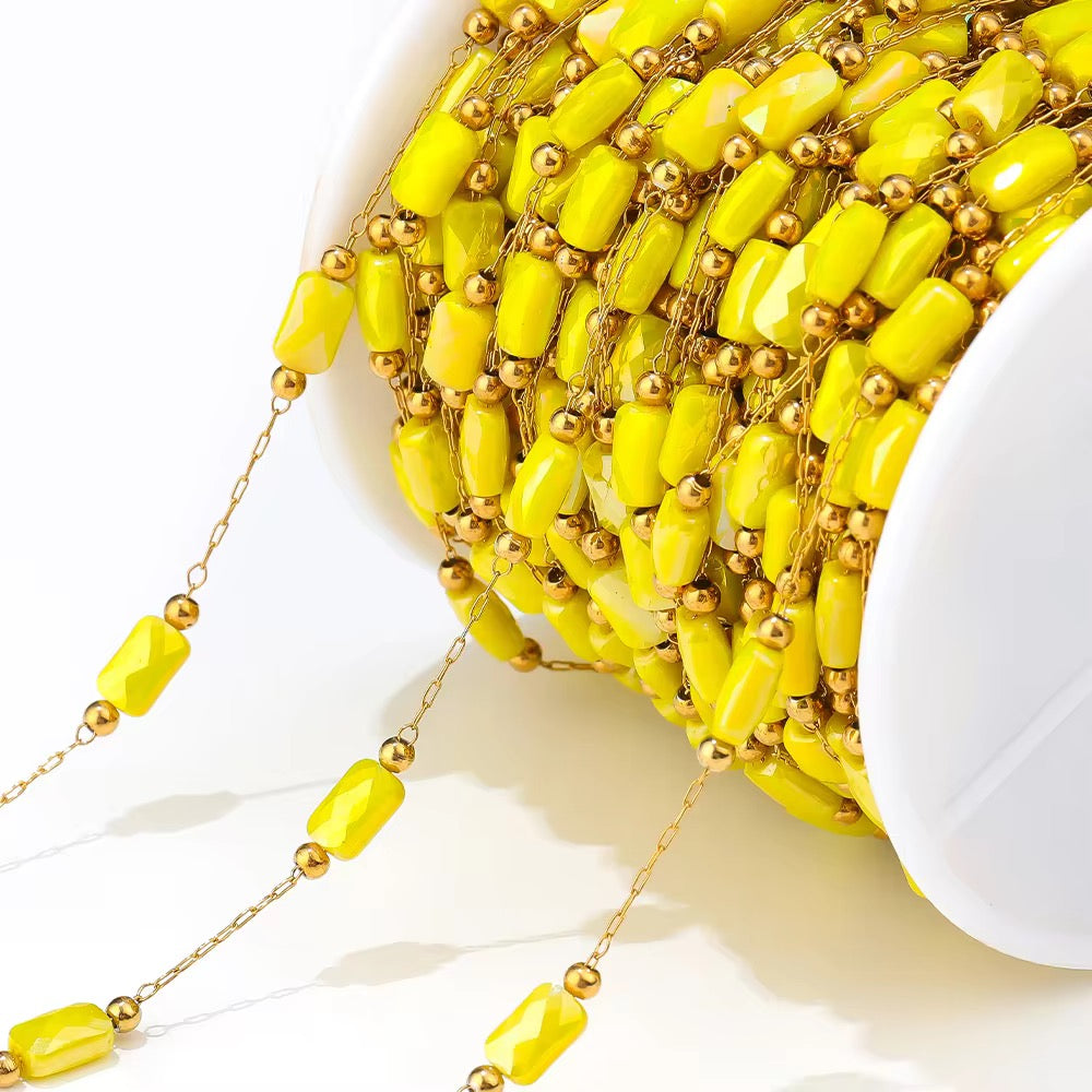 DIYS192 Lemon Yellow Pearly Grid Square Bead Chain ( 1 feet ) 18k Gold PVD