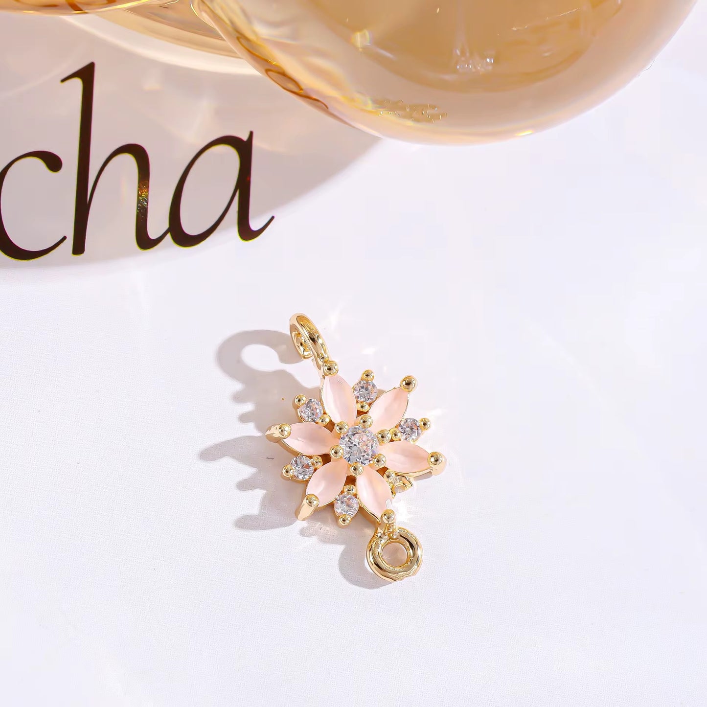 BBB 282 (d) Light Pink Zircon Snowflake connector 14k gold plated crystal charm ( 1 pc ) Anti tarnish ( 18:10 mm )