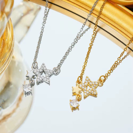 SJ 1045 Star Zircon Necklace ( Copper pendant, stainless steel chain ) - Anti tarnish
