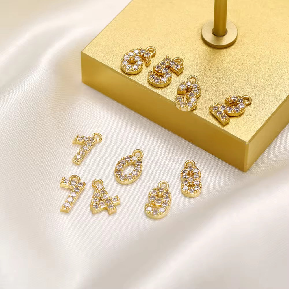 BBB 340 Numbers zircon 14k gold plated charm ( 10 mm ) Anti tarnish ( 1 pc )