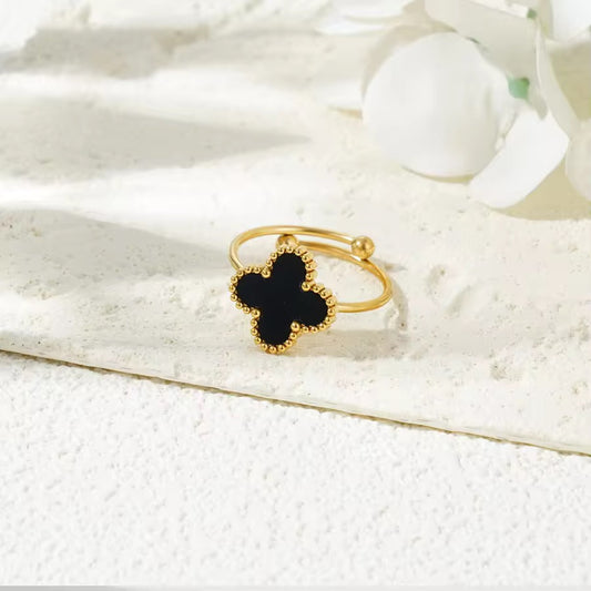 SS 191 Black shell clover ring adjustable- 18k gold plated stainless steel - Anti tarnish - Wholesale