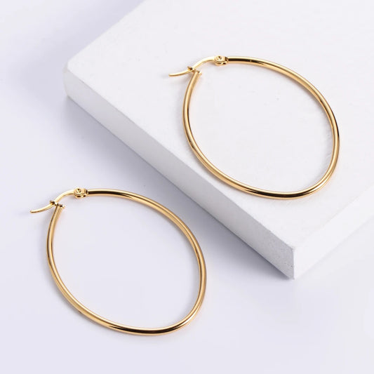 SS 1195 Oval geometric hoops - 18k gold plated stainless steel ( 2 pc ) anti tarnish