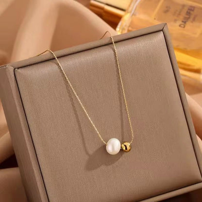 NSJ06F Pearl Bead Minimalistic Necklace - 18k Gold PVD plated 316 stainless steel - Anti tarnish