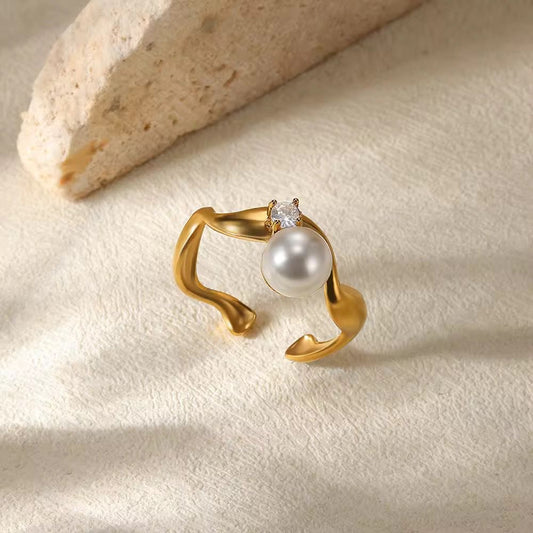 SJ 656 Modern Zircon Minimalistic pearl Ring Adjustable - 18k Gold PVD plated stainless steel - Anti tarnish