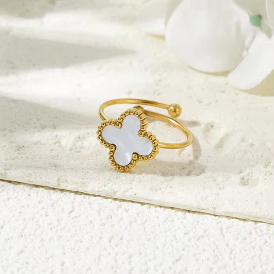SS 190 White shell clover ring adjustable- 18k gold plated stainless steel - Anti tarnish - Wholesale
