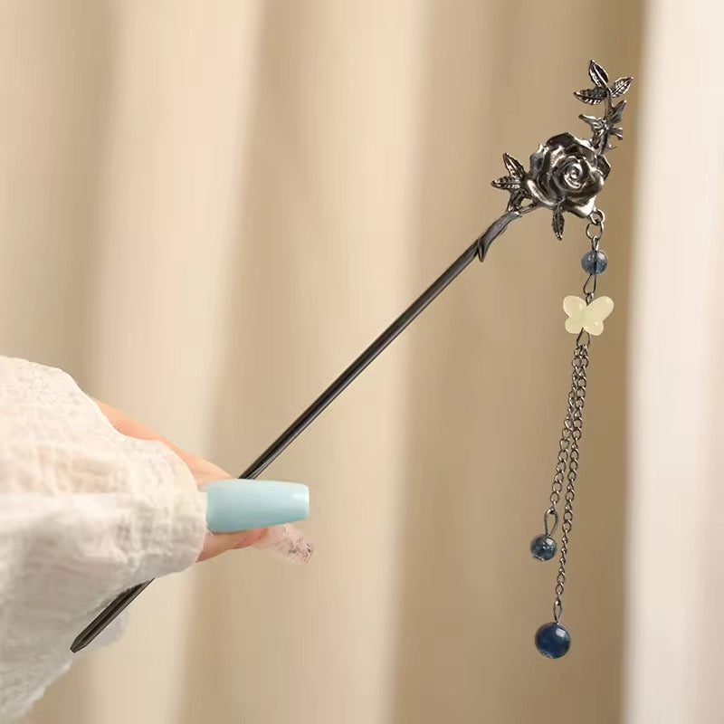 HA 31 Rose Black Gothic Hair Stick with Dangling Tassel Drop - Retro korean Style ( 1 pc )