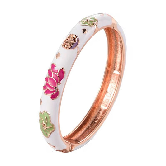 GP 11 White colourful Lotus Floral 10mm Cuff Bracelet 14k gold plated - Anti tarnish
